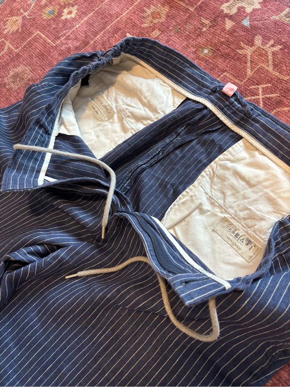 SuitSupply Ames Pleat Pants Mens 52 US 34 Solbiati Linen Blue Stripe Drawstring
